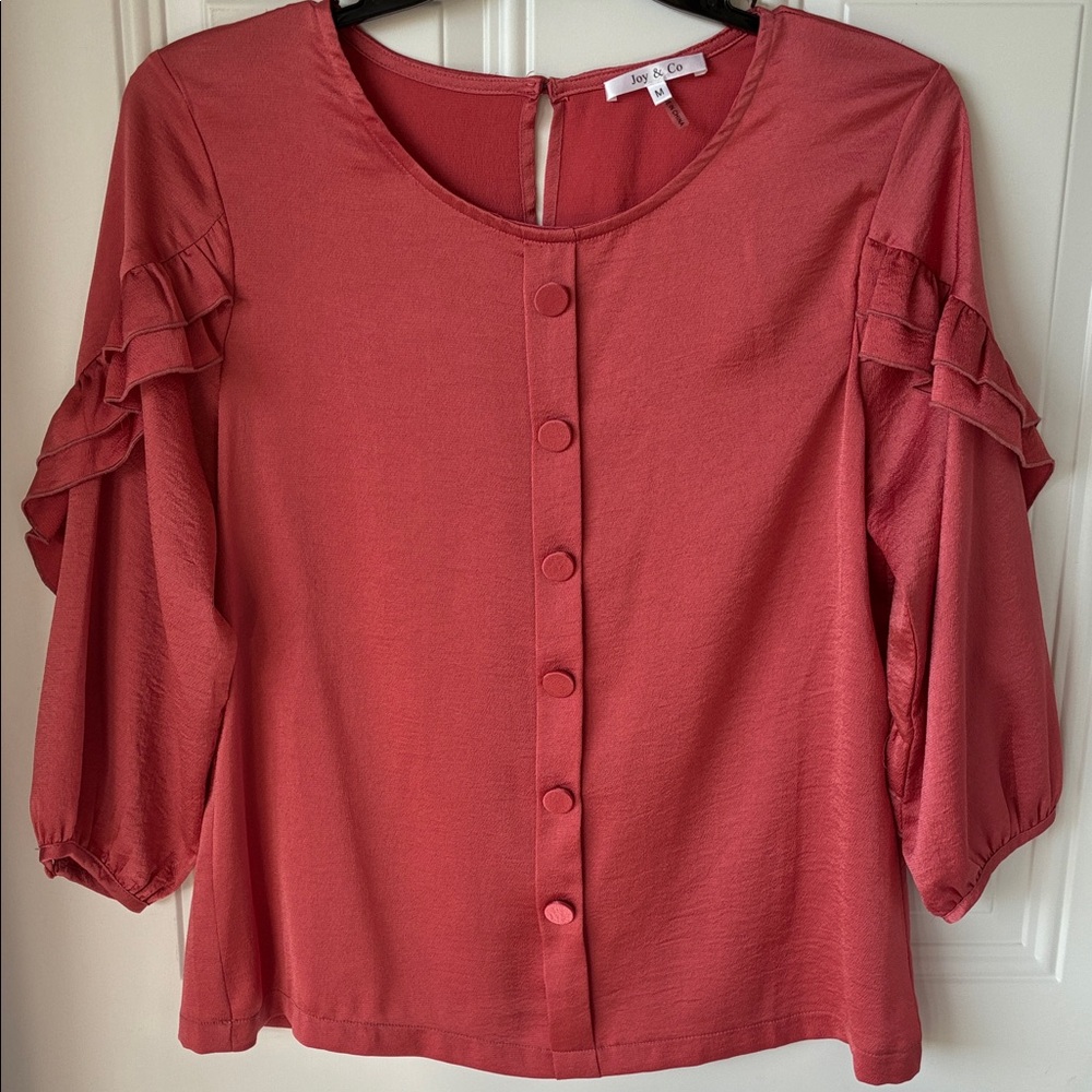 Coral Button-Front Ruffle Sleeve Top